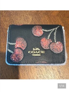 Coach Mini Crossbody Wallet on a chain  black cherry print black/red/gold sparkl